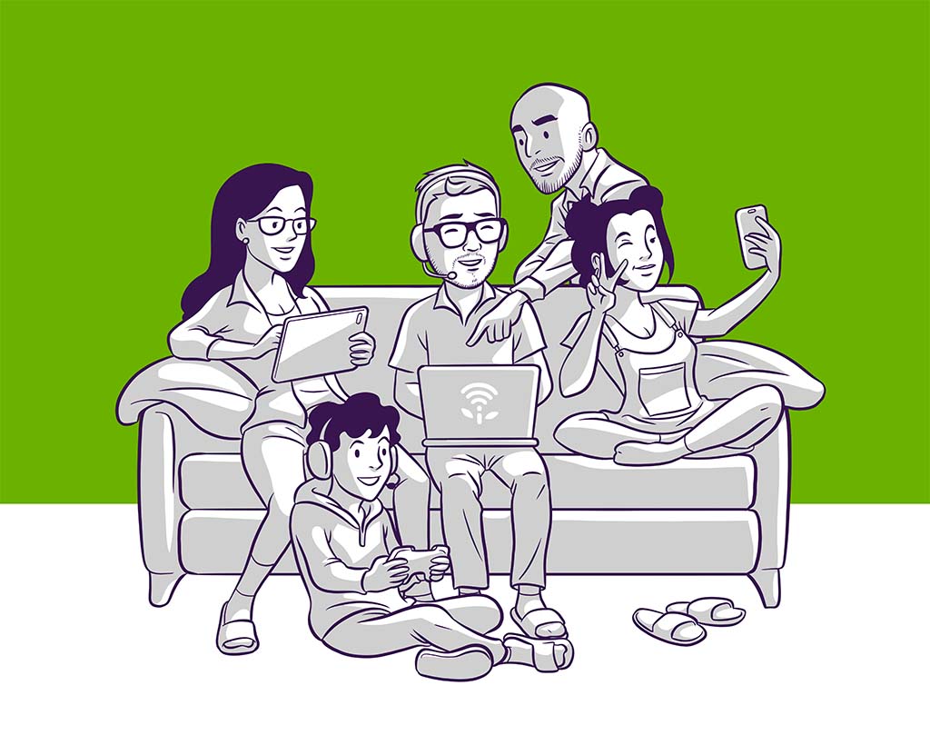 Členové rodiny Nordicových sedí na gauči okolo Ajťáka na příjmu